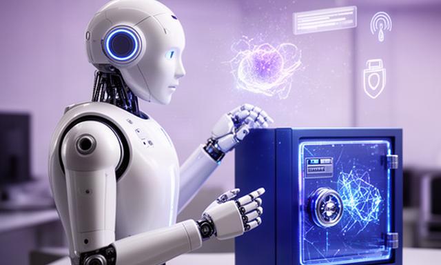 Robot umanoide bianco che esamina una transazione sospetta accanto a un piccolo vault digitale blu