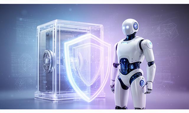 Robot umanoide bianco con dettagli blu davanti a un vault digitale trasparente e uno scudo luminoso